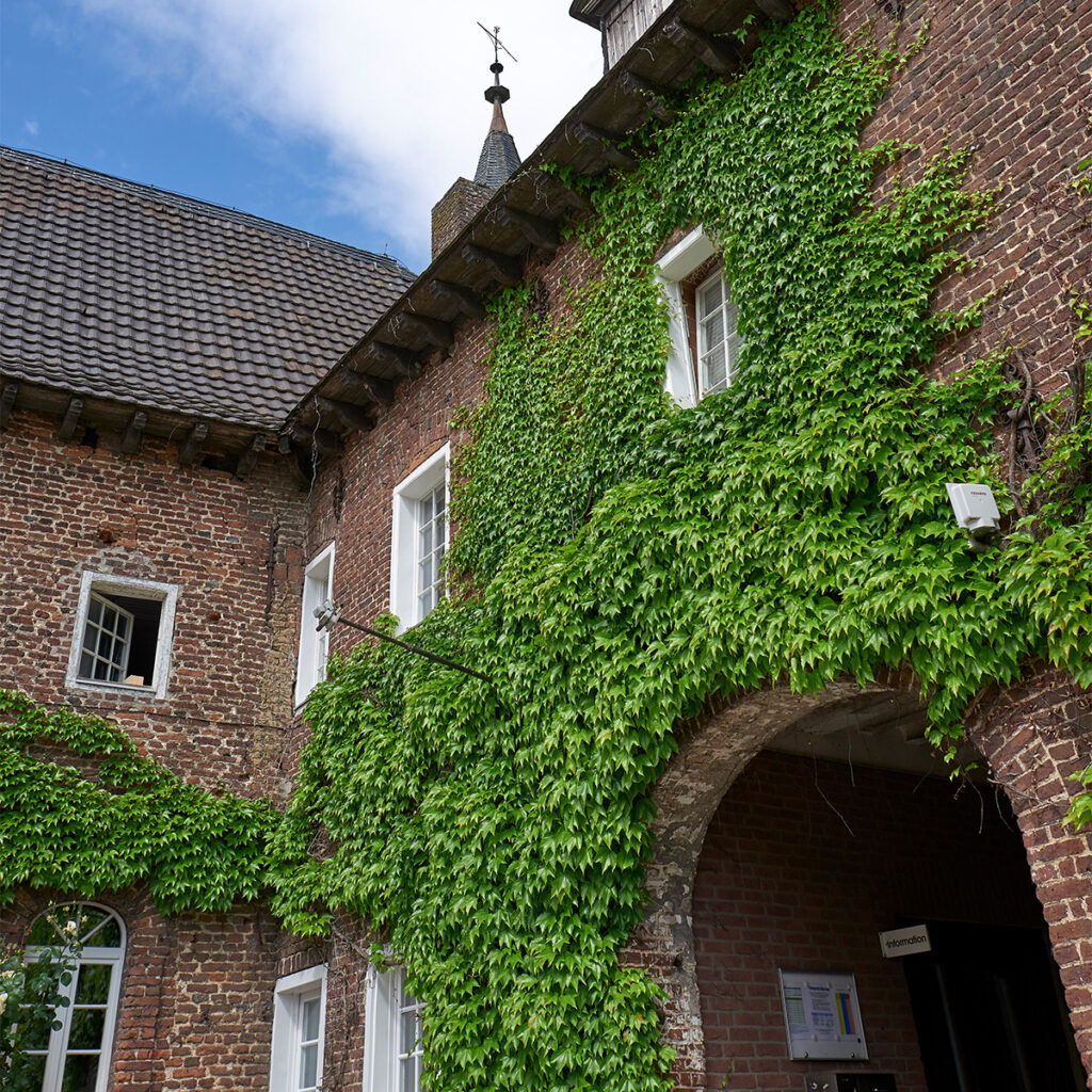 Foto des Burggebäudes des Golfplatzes Schloss Haag. EIne mit Efeu bewachsene Hausfassade ist zu sehen.