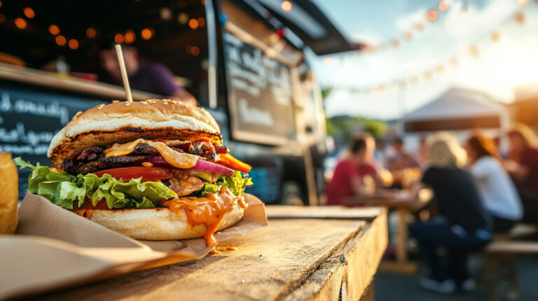 Frisch zubereiterter Burger aus dem Foodtruck.